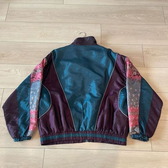 VTG 90's Windbreaker Bomber Jacket Womans L Colorblock Geometric Zip Hip Hop - Picture 2 of 7
